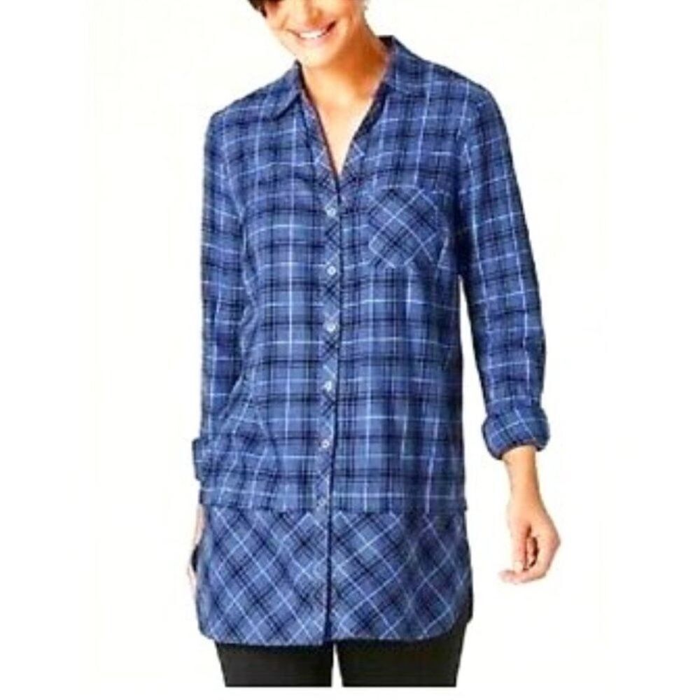 J. Jill Plaid Long Sleeve Button Down Tunic Shirt in Blue Size Medium